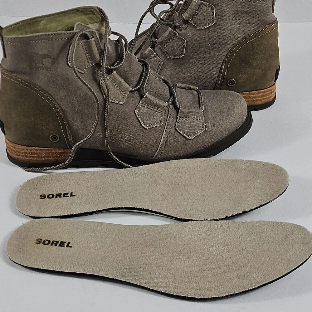 Sorel Major Taupe Grey Canvas & Leather Lace Up Ankle Boots Size 8.5